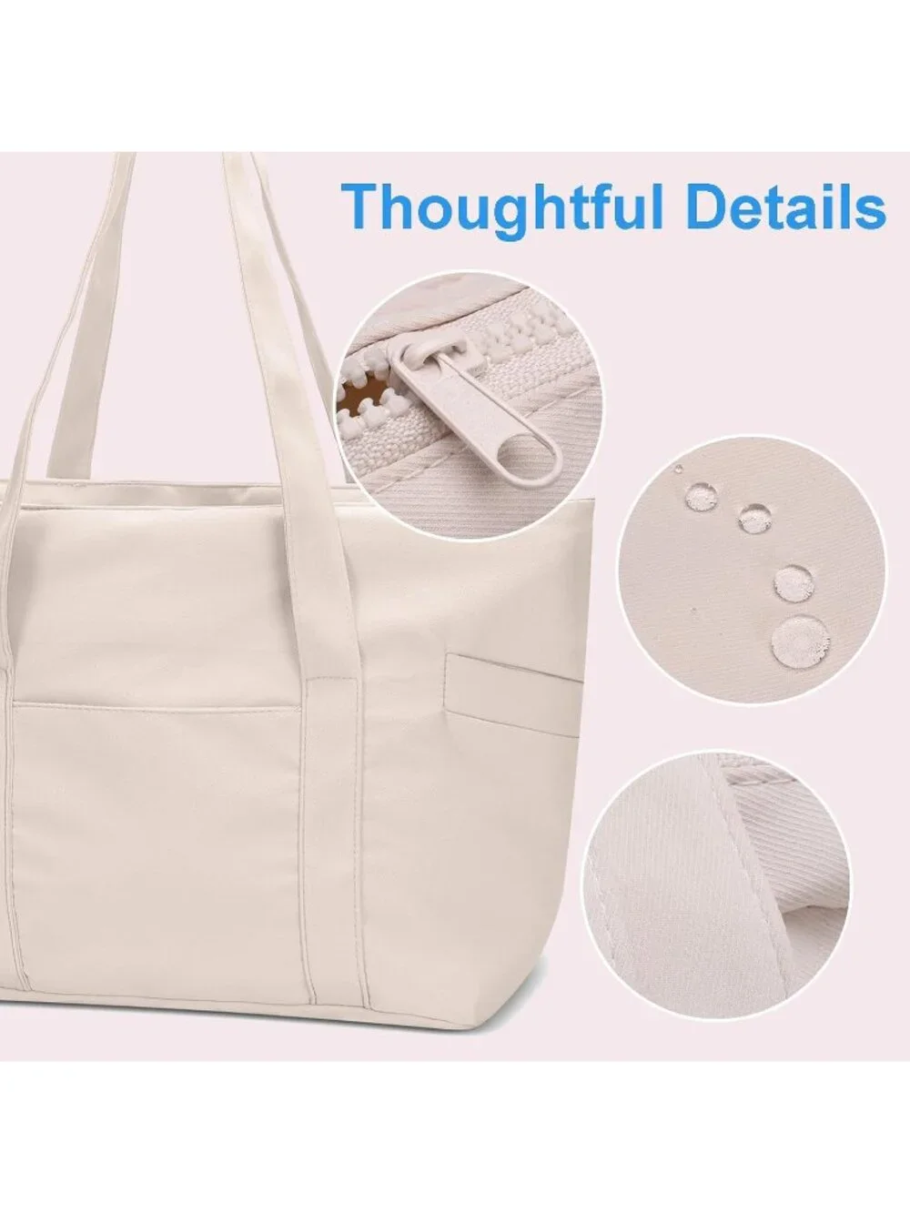 👜Women's Beige Nylon Large Tote Bag With Zipper 15.6 Laptop Sleeve Work Bag